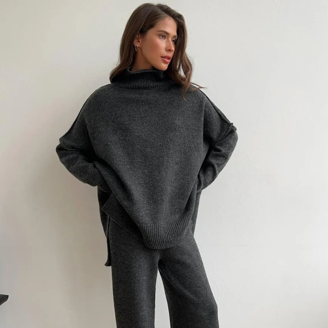 Mila | Ensemble pull à col roulé doux et pantalon tricoté