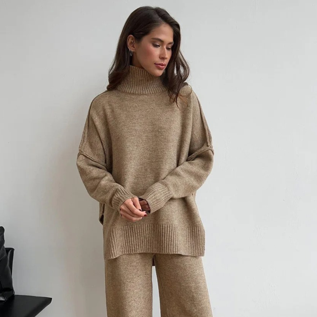 Mila | Ensemble pull à col roulé doux et pantalon tricoté